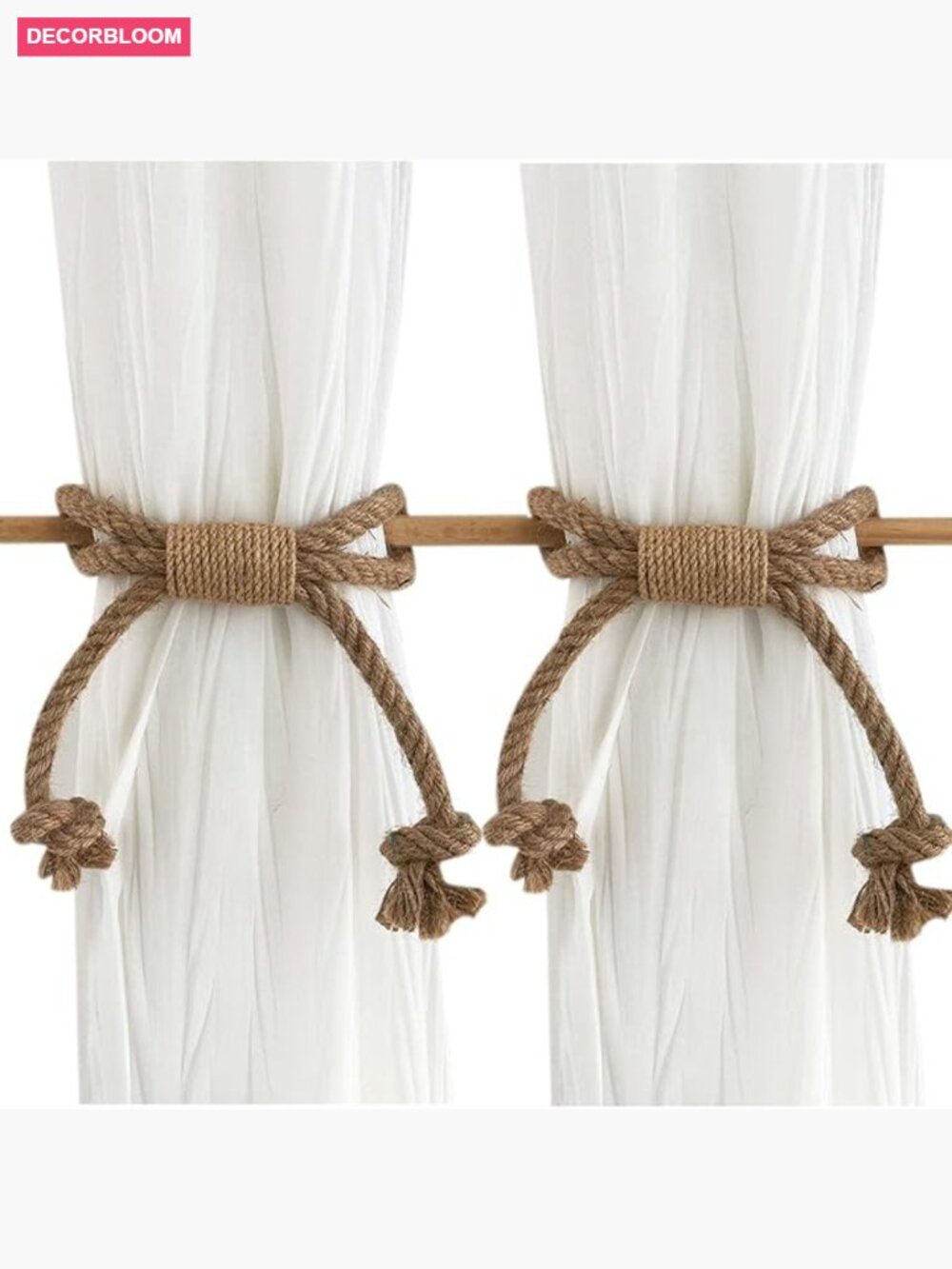 Rustic Jute Rope Curtain Tiebacks Wood Club Boho Farmhouse Drapery Holders 2pk